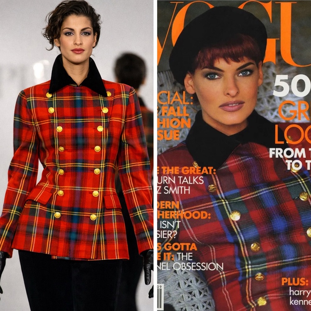 Vintage Ralph Lauren Wool Tartan Plaid Blazer 90s Runway Red Gold Button Jacket